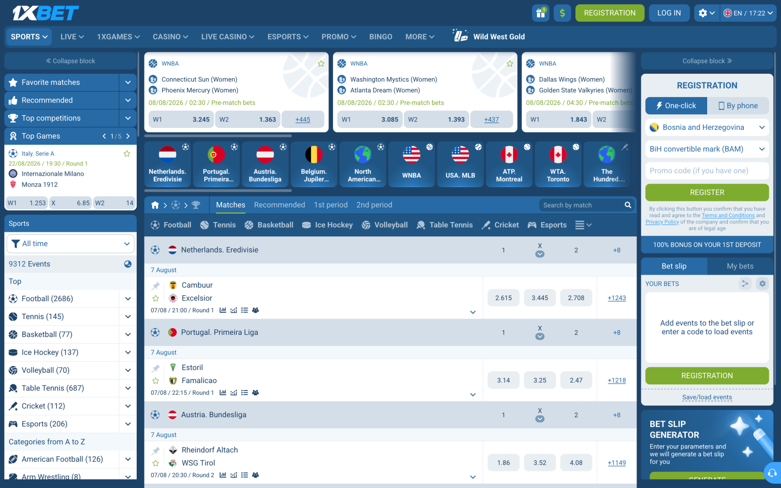 Izgled početne stranice kladionice 1xBet